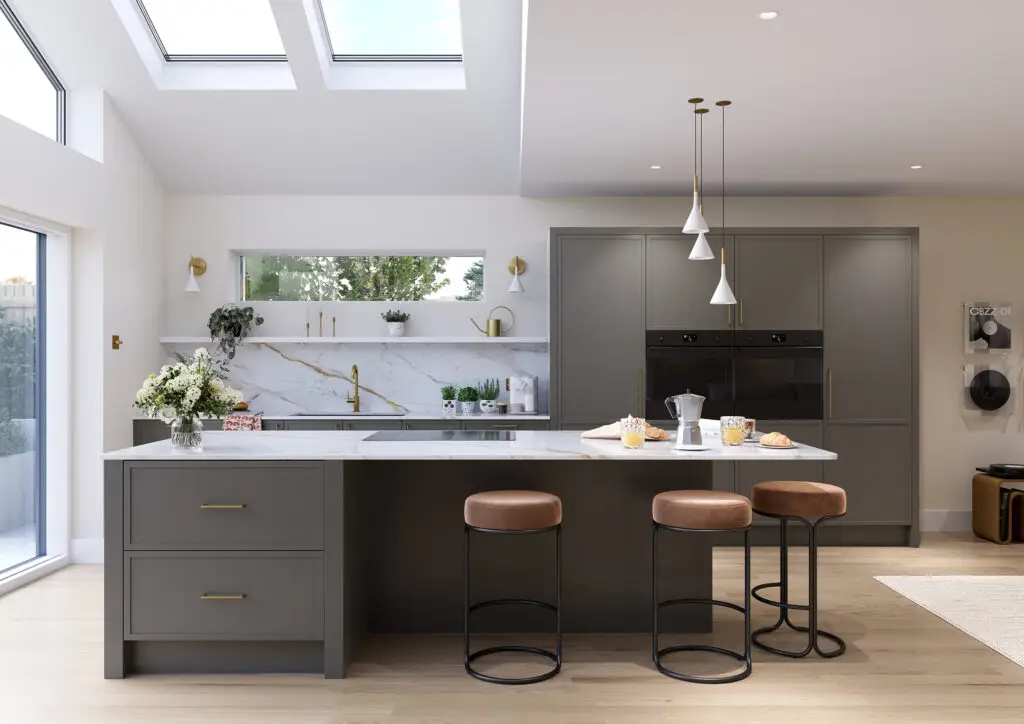 Graphite micro-Shaker kitchen with a skylight, breakfast bar and leather bar stools, by Kraus Kitchens