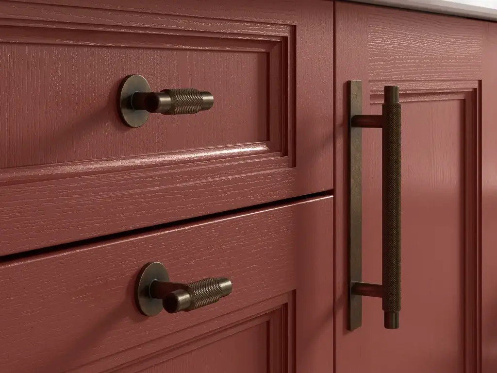 Antique brass knurled T-bar handles on red painted in-frame cabinetry