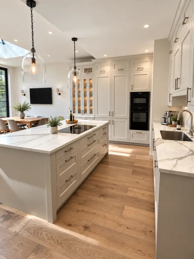 Open-plan kitchen with in-frame cabinetry in Farrow & Ball Drop Cloth, a flush-fitted BORA vented hob and natural oak interiors, part of a bespoke kitchen renovation in London by Kraus Kitchens