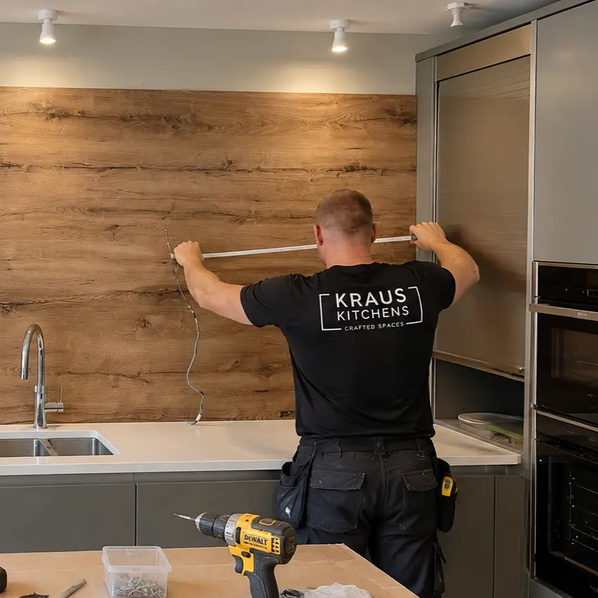 Kraus Kitchens fitter in a branded black T-shirt measuring a wall during a kitchen installation