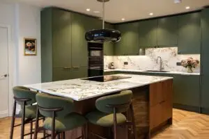 Kitchen Stori bespoke painted Olive 72 kitchen with Natural Dijon walnut island